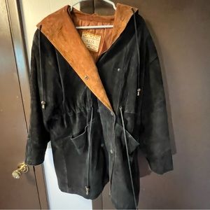 VTG Genuine Leather Suede Jacket Hoodie Coat Drawstring Waist Black Snap Closure